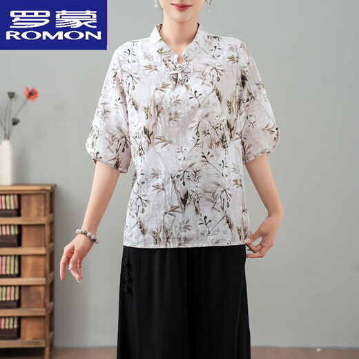 罗蒙（ROMON）纯棉中式夏装时尚洋气2025新款气质中老夏季国风T恤小衫上衣短袖 花色 1号色 Q24-10 款  上衣 XL 建议90-115斤