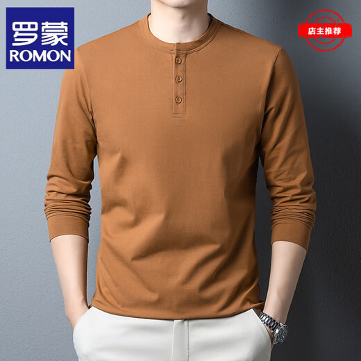 ROMON heavyweight mercerized cotton long-sleeved T-shirt men's spring and autumn new tops men's Henry collar bottoming shirt men's autumn clothes yellow - high-end brand S 165/80A