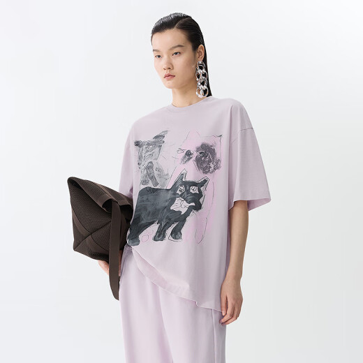 江南布衣（JNBY）【商场同款】25春新品T恤女趣味猫咪印花宽松圆领中袖5P2112550 671/灰粉 L