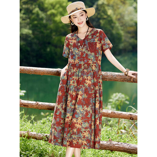 XAE奢侈高档品牌短袖连衣裙女2025夏季新款复古宽松休闲显瘦碎花裙 米色 XL 建议120-130斤