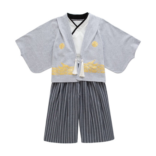 Oxymo Japan Japanese style children's kimono suit for boys and girls, spring and autumn long-sleeved jacket, vest and pants, Japanese performance costume, black jacket + white vest + dark gray pants 90 recommended for 3-4 years old