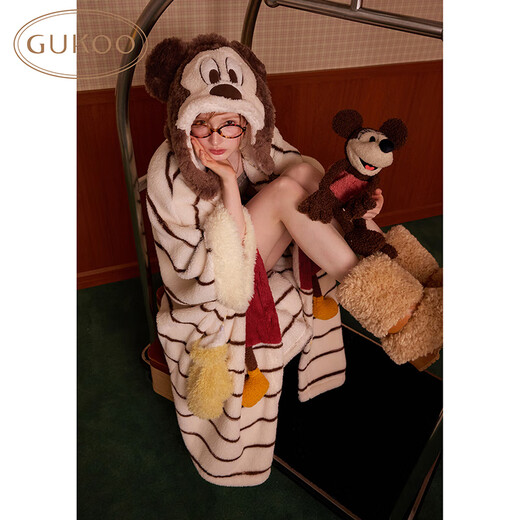 果壳（Gukoo）睡衣女冬款迪士尼联名保暖半边绒米奇条纹女士家居服睡袍可外穿D 月白睡袍 L