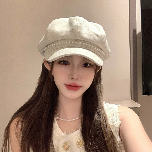CGEDIAO off-white pearl beret women's 2025 new autumn and Korean version versatile face-showing small retro newsboy octagonal hat #1194-beige M (54-58c) can basically be worn