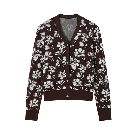 JUZUI Elegant Simple Style Artistic Jacquard Knitted Cardigan Women's 2025 Autumn New Style JLFQ30602 Flower Dark Coffee 2XL