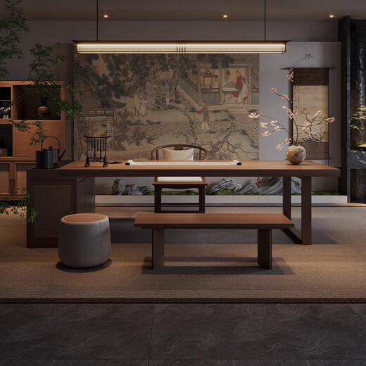 宁邱络阁（NICHLORT）实木家用茶桌书桌一体两用新中式多功能办公泡茶台宋代美学 2.45米桌+圈椅+软包凳+1.2米长凳