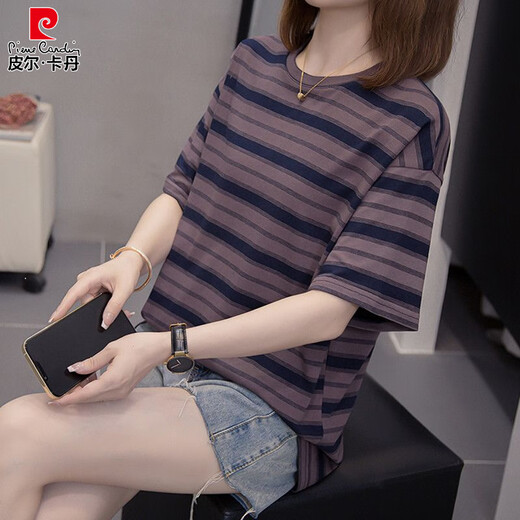 皮尔卡丹加大码胖mm夏装新款纯棉短袖t恤女韩版胖妹妹百搭显瘦遮肚子上衣 6625紫色 3XL 160-180斤