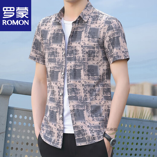 Romon (Romon) Anti-Wrinke Ice Silk Silk Shorked Top Top для мужской повседневной летней модной рубашки с печеночной рубашкой.