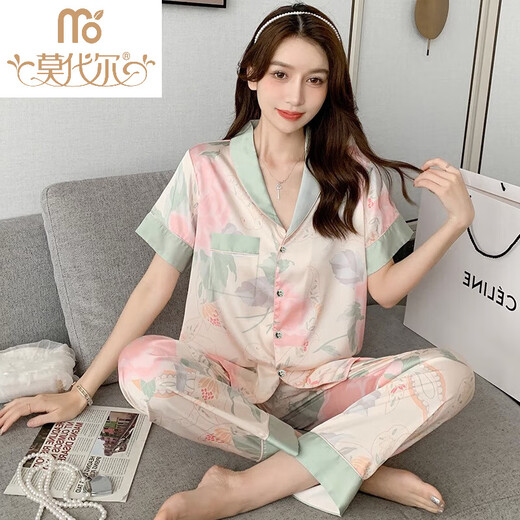 Modal internet celebrity summer pajamas for women ice silk peony flower short-sleeved trousers imitation silk thin home clothes for outdoor wear set 9905 short-sleeved trousers M