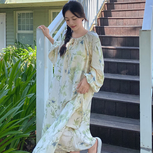 
2025 autumn long-sleeved nightgown for women, sweet and loose princess style pajamas for women, long pullovers, can be worn outside home clothes A13063: light yellow flower shadow bra nightgown 2XL (170-175cm, 140-160Jin[Jin equals 0.5 kg])
