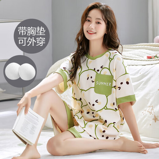 都市丽人夏季短袖睡衣套装女士自带胸垫一体家居服春秋大码薄款夏天可外穿 GXT1047 M (建议75-95斤)