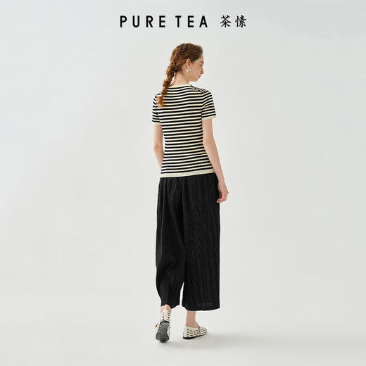 茶·愫【静奢千金】puretea茶愫层次风琴褶肌理感直筒阔腿裤2025夏新款 石墨黑 S