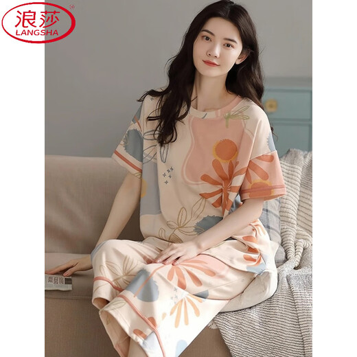 浪莎（LangSha）睡衣女夏季2025年新款短袖七分裤套装夏天女士中年妈妈宽松家居服 短袖七分裤-679 M 建议80-100斤