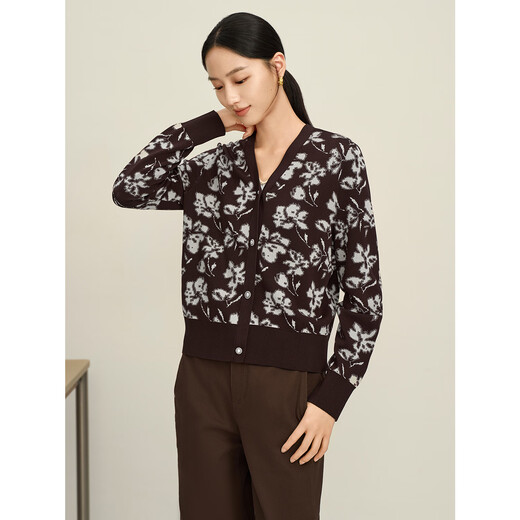 JUZUI Elegant Simple Style Artistic Jacquard Knitted Cardigan Women's 2025 Autumn New Style JLFQ30602 Flower Dark Coffee 2XL