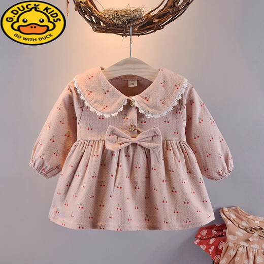 G.duck baby girls long-sleeved dress 2026 spring baby girl pure cotton 0 to 1-2 years old doll collar princess dress Korean version pink bow cherry skirt 73 cm