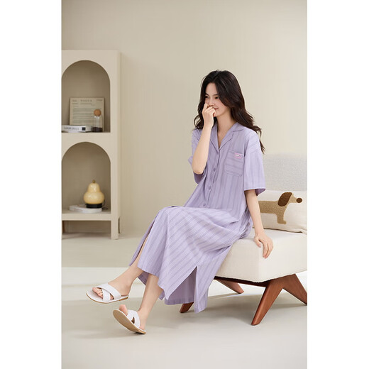 Cobreador para mujeres Summer de manga corta 2025 Nuevo pijama dulce y lindo al aire libre, ropa para el hogar de algodón, moda de alta gama [QM826] Star Purple Rayed Women's Skirt L (recomendado 100-120 Jin [Jin iguala 0.5 kg])