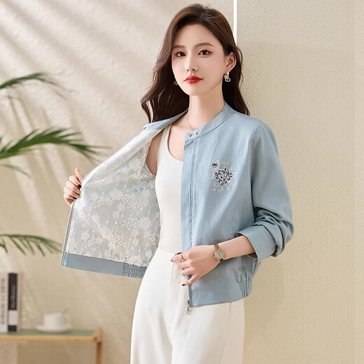 
ROMON (ROMON) jacket for women with high-end embroidered cotton linen short spring and autumn 2025 new lace spliced ​​stand-up collar jacket top baseball uniform light blue S