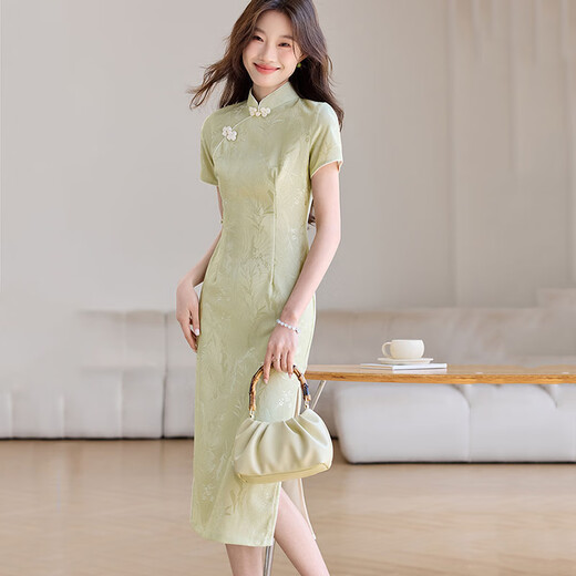 Ehangy light luxury brand dress for women 2025 summer new high-end and gentle style slim green long skirt Green M 80-90Jin [Jin equals 0.5 kg]