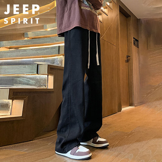 JEEP SPIRIT吉普牛仔裤男秋冬季美式阔腿弯刀裤子男直筒喇叭裤 黑色 3XL
