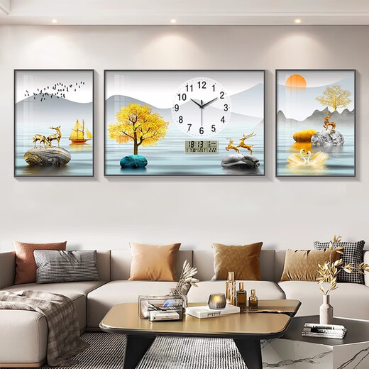 Zeichnen der Stadt moderne einfache Wohnzimmerdekoration mit Uhr Atmosphärische Fulu Landschaft Sofa Hintergrund Wandtriptychon Wanduhr ZP1283 + ZP1284 + ZP1285 MIDER 70*50 cm + links und rechts