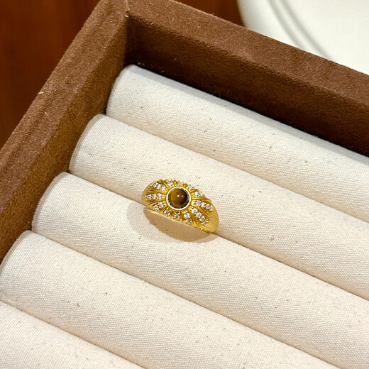 Yulongjing gold brushed tiger eye stone ring for women, new 999 solid gold dot diamond inlaid ring, closed ring for girlfriend, 12 circle size, gold about 2.1g-2.2g