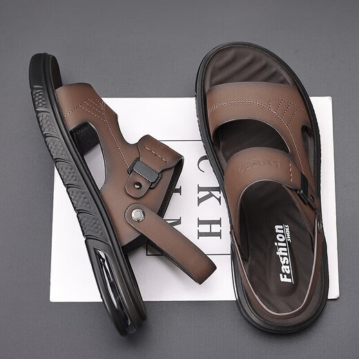 
[Direct sale in the factory] Sandals Men's Summer New Genuine Leather Beach Shoes Men's Middle-aged and Elderly Dual-Soled Sandals Brown 41