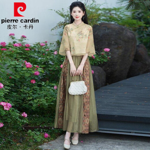 Pier Cardin summer new Chinese style oriental classical Chinese style jacquard slanted slanting temperament stand collar button top spliced ​​skirt suit 1043 green + 12161 brown L