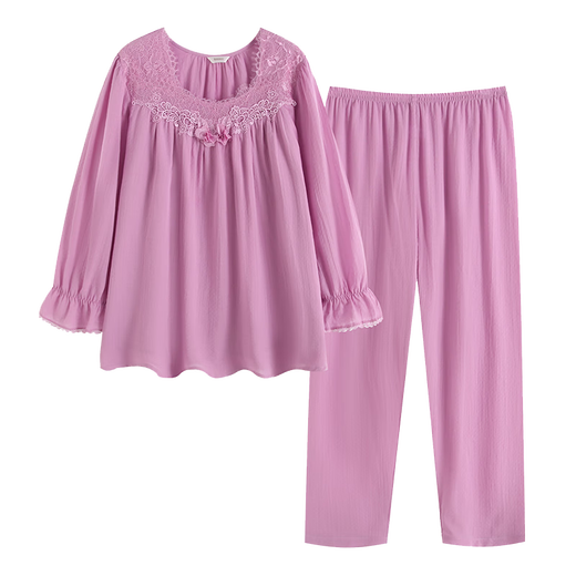 Roseme Roseme Spring and Summer New 15042 Pure Cotton Jacquard tela arrugada de tela redonda de encaje de encaje de manga larga Pajama Púrpura S (155)