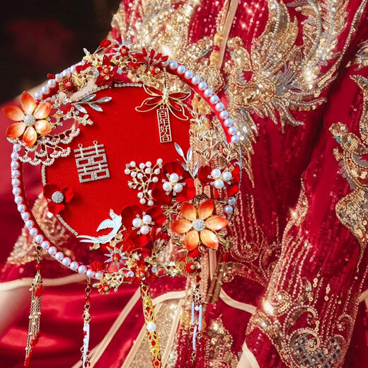 Chinesisches rotes Gold doppelseitig Doppelkreis Runde Lüfter DIY Materialbeutel fertig Produkt Braut Hochzeit Drache Phoenix XiUhe Kleidung Handheld Bouquet Red Make-up/weiße Materialtasche