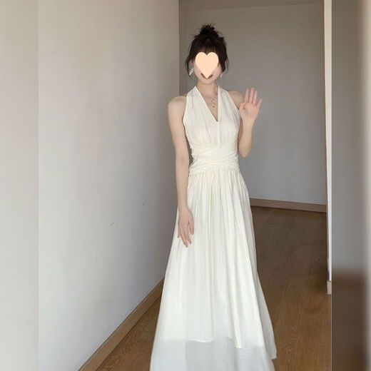 French style white sleeveless halterneck v-neck dress in shimmer for women 2025 new summer style, beautiful waist slimming long skirt, halterneck waist dress, off-white S