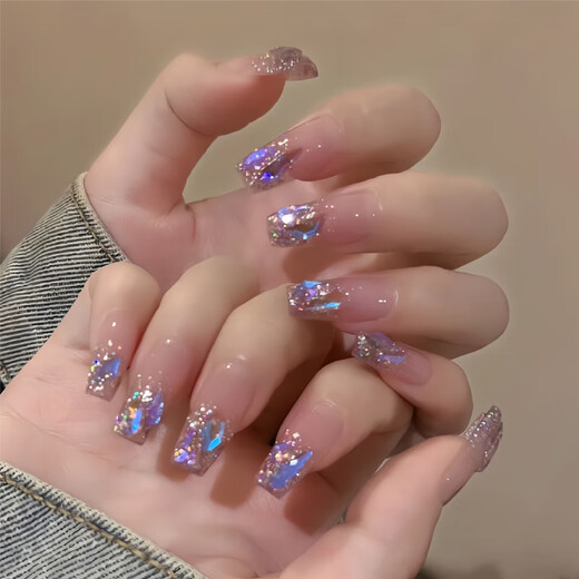 My seven-day hand-wearing nail tablets wholesale medium-length Aurora temperature glass diamond nail art finished nail patches BY1047 crystal purple butterfly phototherapy glue model