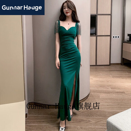 Gunnar Hauge性感礼服性感洋装低胸气质晚礼服长版足浴桑拿技师沐足工作服 3883黑色 M 建议95-105斤