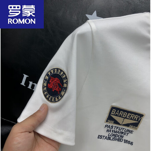 ROMON summer new men's badge embroidered round neck half-sleeved men's trendy brand slim short-sleeved T-shirt simple and versatile fashion men's clothing 6622 white XL