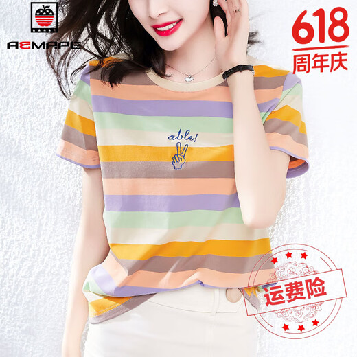 AEMAPE彩虹条纹短袖t恤女宽松设计感小众正肩体恤夏装2025新款上衣 6193皮粉 短袖 L