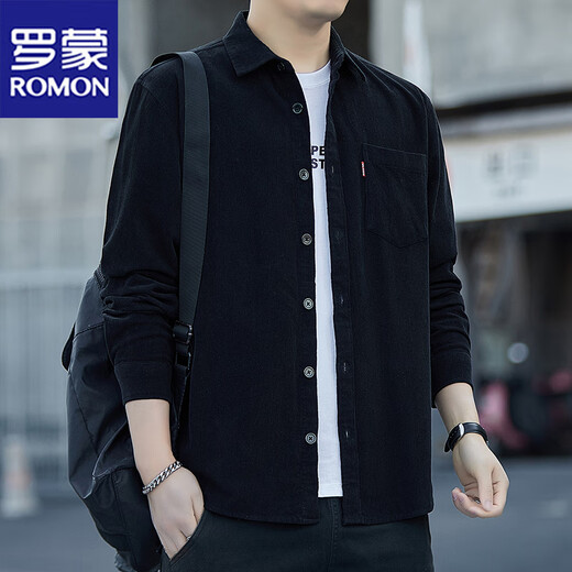 ROMON long-sleeved shirt men's spring and autumn corduroy casual loose solid color shirt jacket gray 2XL