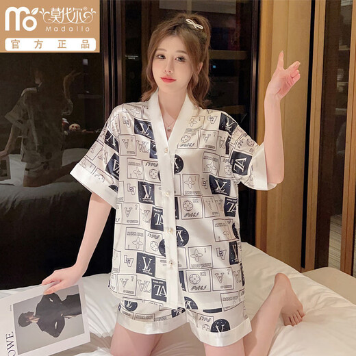 Modal summer cool ice silk pajamas for women with thin comfortable shorts and two-piece set of cute cardigans for home clothes 829# double-breasted square letters M