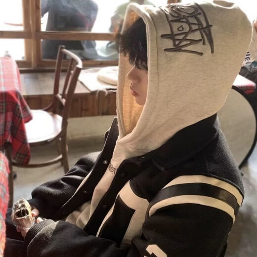 字母刺绣连帽卫衣男秋季重磅立挺高街美式上衣宽松百搭潮流衣服男 白灰色 L 建议100-120斤