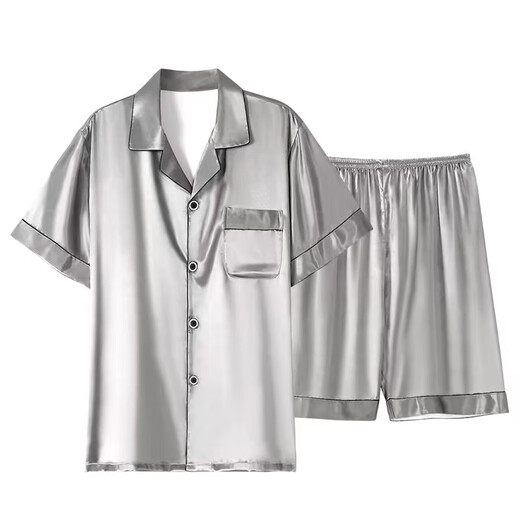 RSY light luxury brand silk pajamas men's summer thin short sleeve shorts large size cool mulberry silk home clothing gray 6630 M height 160-165 weight 100-115 Jin [Jin equals 0.5 kg]