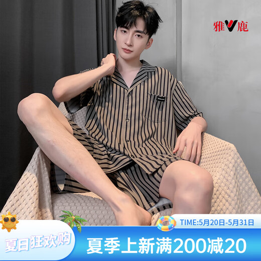 雅鹿男士睡衣夏季莫代尔棉短袖条纹男款夏天薄款家居服可外穿 【M3937 莫代尔凉感型】 L 【适合100-135斤】