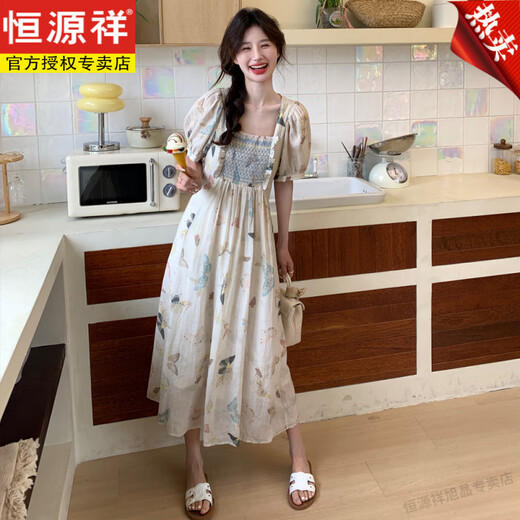 恒源祥甜美少女感打揽裙泡泡袖碎花连衣裙女夏2025新款小清新减龄茶歇裙 图片色 S 90-110斤