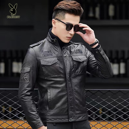 花花公子（PLAYBOY）2025秋冬新款真皮质感皮衣男机车短款修身韩版立领皮夹克休闲外套 黑色- 加绒 L 170码-115-125斤