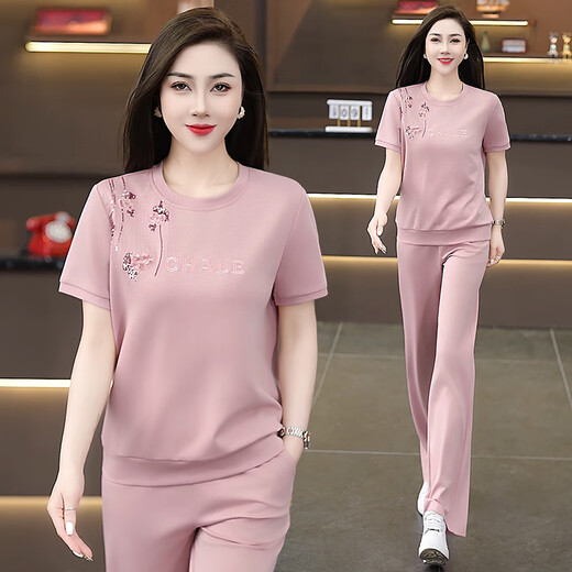 塔驰密司 TOUCH MISS休闲套装女2025夏装新款设计感刺绣上衣长裤两件套 芥绿色 3XL 【125-138斤】