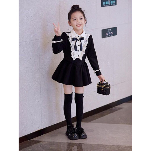 Burwilde international brand girls' preppy dress 2025 spring and autumn style children's fashionable princess dress for women Bow Hepburn black bow dress (gift box) 160 recommended 145-155cm