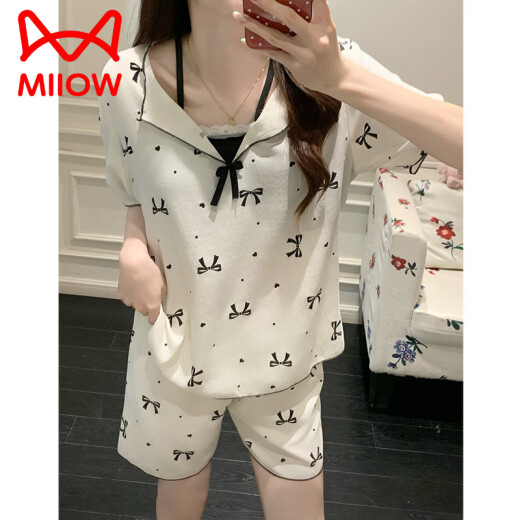 猫人（MiiOW）带胸垫睡衣女夏季甜美波点蝴蝶结短袖假两件云朵棉外穿家居服套装 A15265 厨师狗 固定胸垫 M