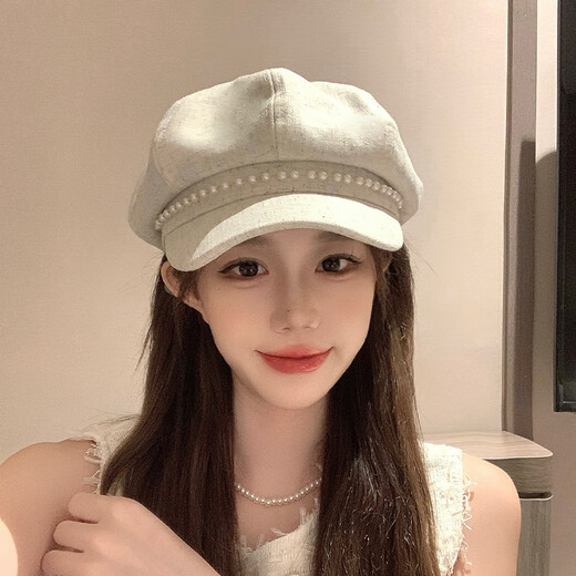 CGEDIAO off-white pearl beret women's 2025 new autumn and Korean version versatile face-showing small retro newsboy octagonal hat #1194-beige M (54-58c) can basically be worn