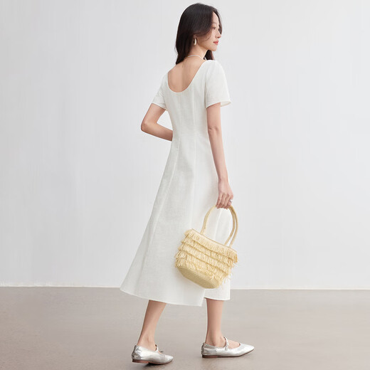尚都比拉100%棉A字连衣裙女夏气质显瘦收腰吊带裙方领休闲中长裙