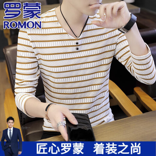 
ROMON 100% pure cotton long-sleeved T-shirt for men's spring and autumn new V-neck sweatshirt casual skin-friendly and comfortable summer thin inner clothing 6188 black long sleeves 2XL 135-150Jin [Jin equals 0.5 kg]