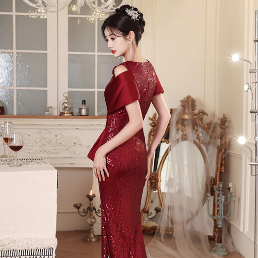 Linyan 2025 neuer Punkt Red Evening Kleid für Frauen Neue Design Paillette Schwerindustrie Fischschwanztemperament Bankett Wein rot l