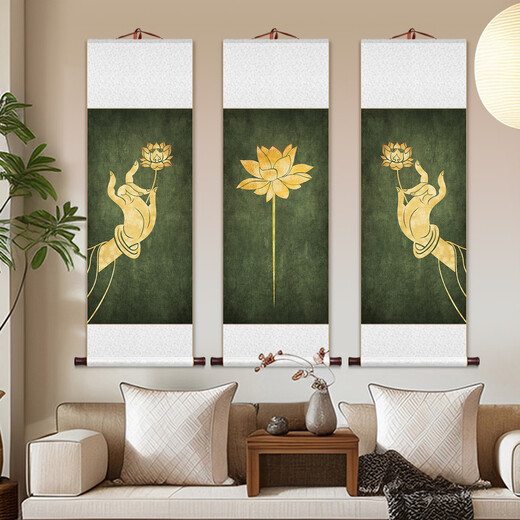 Chengliu Zen Weltraum Scroll Hängende Malerei Buddha Hand Lotus Dekoration Malerei Buddhist Ancient Style Malerei Yoga Hall Wandtee Kunst Veranda Malchmale 12119 Stil: Lotus Gesamtgröße: 30*110 cm silbergrau Brokat Seide