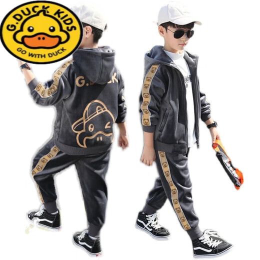 G.DUCKKIDS Boys Autumn and Winter Clothing Gold Velvet Suit 2024 New Children's Winter Warm Children's Clothes Boys' Velvet Thickened Handsome Gray Duck (Double-sided Velvet) Thickened 140 Recommended for 9-10 years old