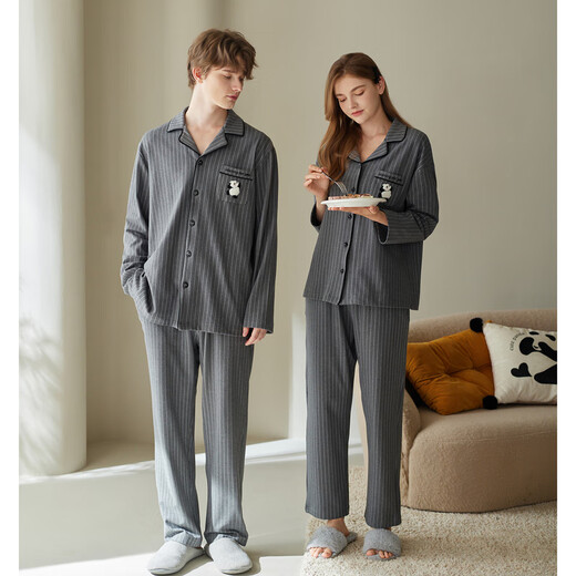 Fenten couple pajamas mousse velvet spring and autumn striped long-sleeved suit for men and women loose casual large size new home clothes gray single men's model XL recommended female 124-142, male 146-165 Jin Jin is equal to 0.5 kg